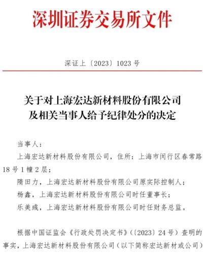 深交所发布纪律处分决定 宏达新材及原实控人隋田力等遭公开谴责