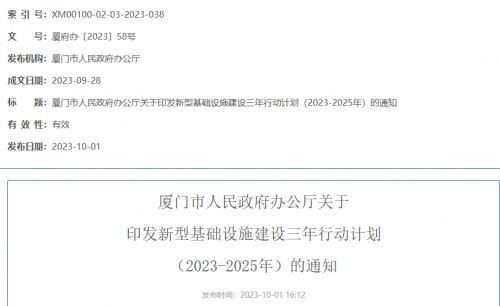 厦门市人民政府办公厅印发《新型基础设施建设三年行动计划（2023-2025年）》