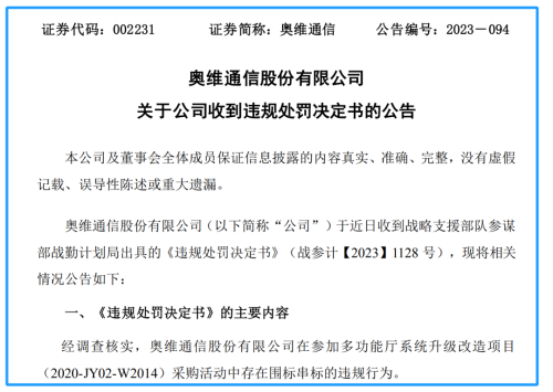 3年内禁止参加军队采购！奥维通信围标串标被罚 影响几何？