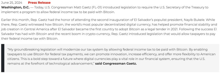 美国众议员Matt Gaetz提案要求国税局接受用比特币缴税