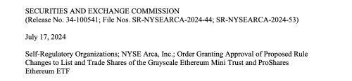 SEC批准灰度、ProShares以太坊现货ETF在纽交所Arca交易！7/23同步上市
