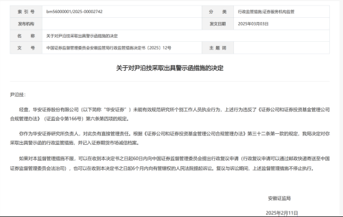 华安证券研究所所长因员工违规执业收警示函